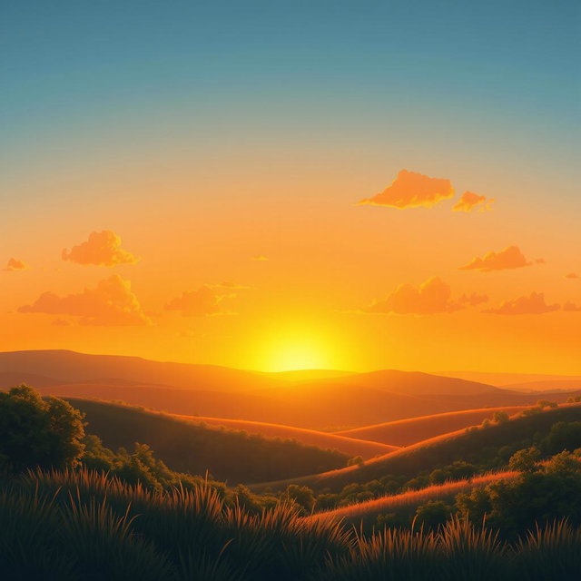 A serene background for a book cover illustration, featuring a warm, golden sunset sky casting a soft glow over a peaceful landscape