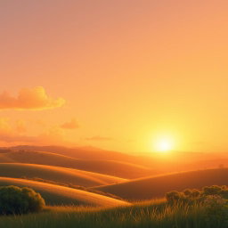 A serene background for a book cover illustration, featuring a warm, golden sunset sky casting a soft glow over a peaceful landscape