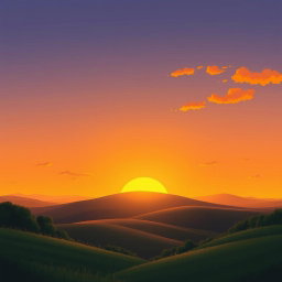 A serene background for a book cover illustration, featuring a warm, golden sunset sky casting a soft glow over a peaceful landscape