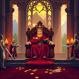 A detailed pixel art throne room featuring a majestic king wearing a golden crown and a flowing red cloak, sitting on a beautifully carved throne adorned with intricate dragon patterns
