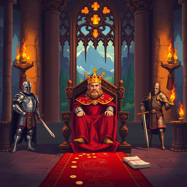 A detailed pixel art throne room featuring a majestic king wearing a golden crown and a flowing red cloak, sitting on a beautifully carved throne adorned with intricate dragon patterns
