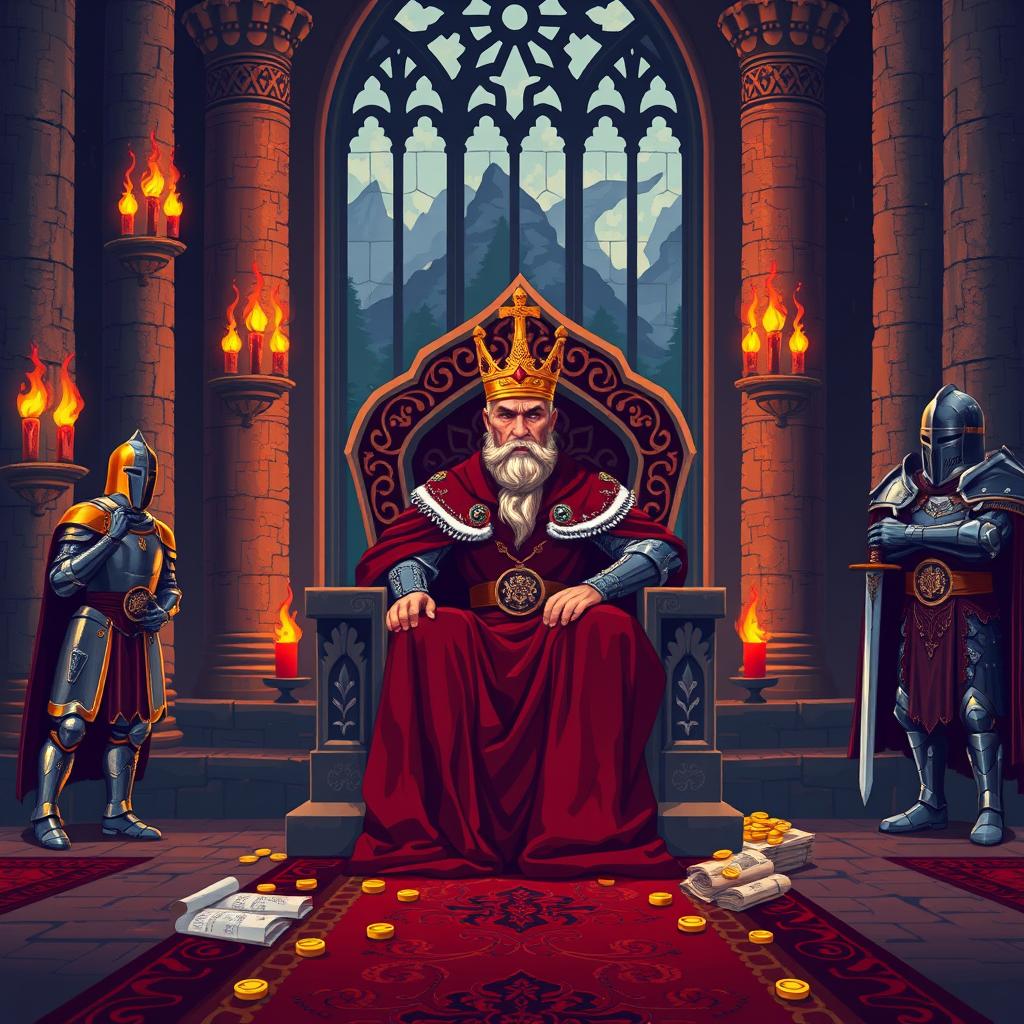 A detailed pixel art throne room featuring a majestic king wearing a golden crown and a flowing red cloak, sitting on a beautifully carved throne adorned with intricate dragon patterns