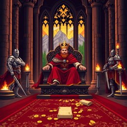 A detailed pixel art throne room featuring a majestic king wearing a golden crown and a flowing red cloak, sitting on a beautifully carved throne adorned with intricate dragon patterns