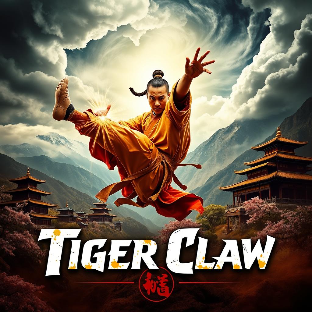 An action-packed movie poster for 'Tiger Claw,' featuring a dynamic Shaolin martial arts scene