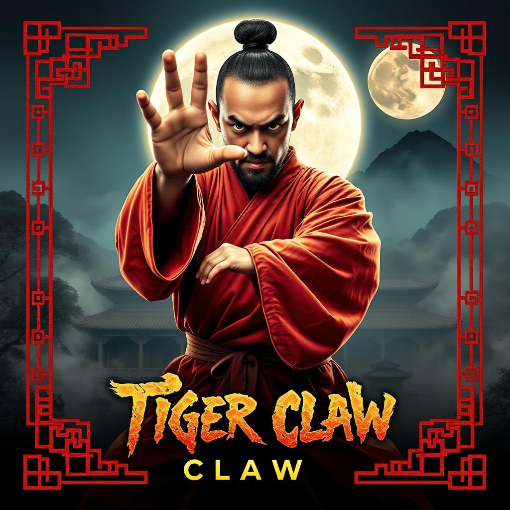 A dynamic movie poster for a Shaolin martial arts film titled 'Tiger Claw'