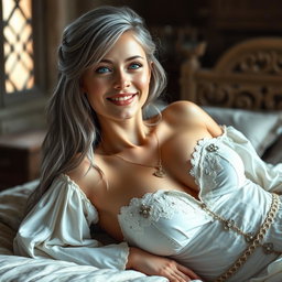 In a medieval fantasy setting, a busty and shy European girl around 20 years old, with a delicate and cute demeanor