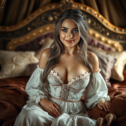 A medieval fantasy scene featuring a busty and shy Ukrainian girl about 20 years old, with long ash grey hair and bright turquoise eyes