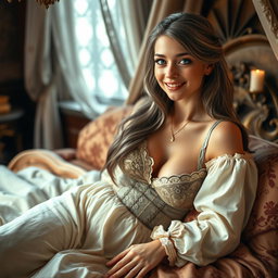 A medieval fantasy scene featuring a busty and shy Ukrainian girl about 20 years old, with long ash grey hair and bright turquoise eyes