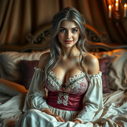 A medieval fantasy scene featuring a busty and shy Ukrainian girl about 20 years old, with long ash grey hair and bright turquoise eyes