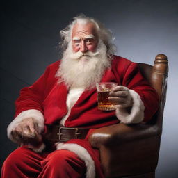 An extremely rugged Santa Claus after a 24-hour shift, torn suit, grizzled face with deep creases, wild unkempt hair and beard, slouching heavily in his chair, gripping a whiskey glass.