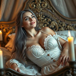 A medieval fantasy scene featuring a busty, shy, delicate Ukrainian girl, around 20 years old, with large beautiful breasts
