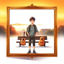 A book cover illustration featuring a teenage boy standing at a crossroads, symbolizing his journey through life, encapsulated within a decorative frame