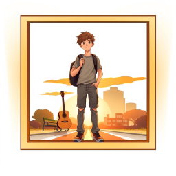 A book cover illustration featuring a teenage boy standing at a crossroads, symbolizing his journey through life, encapsulated within a decorative frame