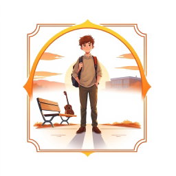 A book cover illustration featuring a teenage boy standing at a crossroads, symbolizing his journey through life, encapsulated within a decorative frame