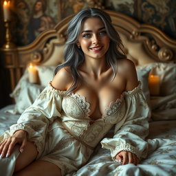 A medieval fantasy scene featuring a busty, shy, and delicate Ukrainian girl who is 20 years old, with large beautiful breasts and long ash grey hair