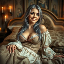 A medieval fantasy scene featuring a busty, shy, and delicate Ukrainian girl who is 20 years old, with large beautiful breasts and long ash grey hair