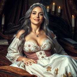 A medieval fantasy scene featuring a busty, shy, delicate Ukrainian girl who appears around 20 years old