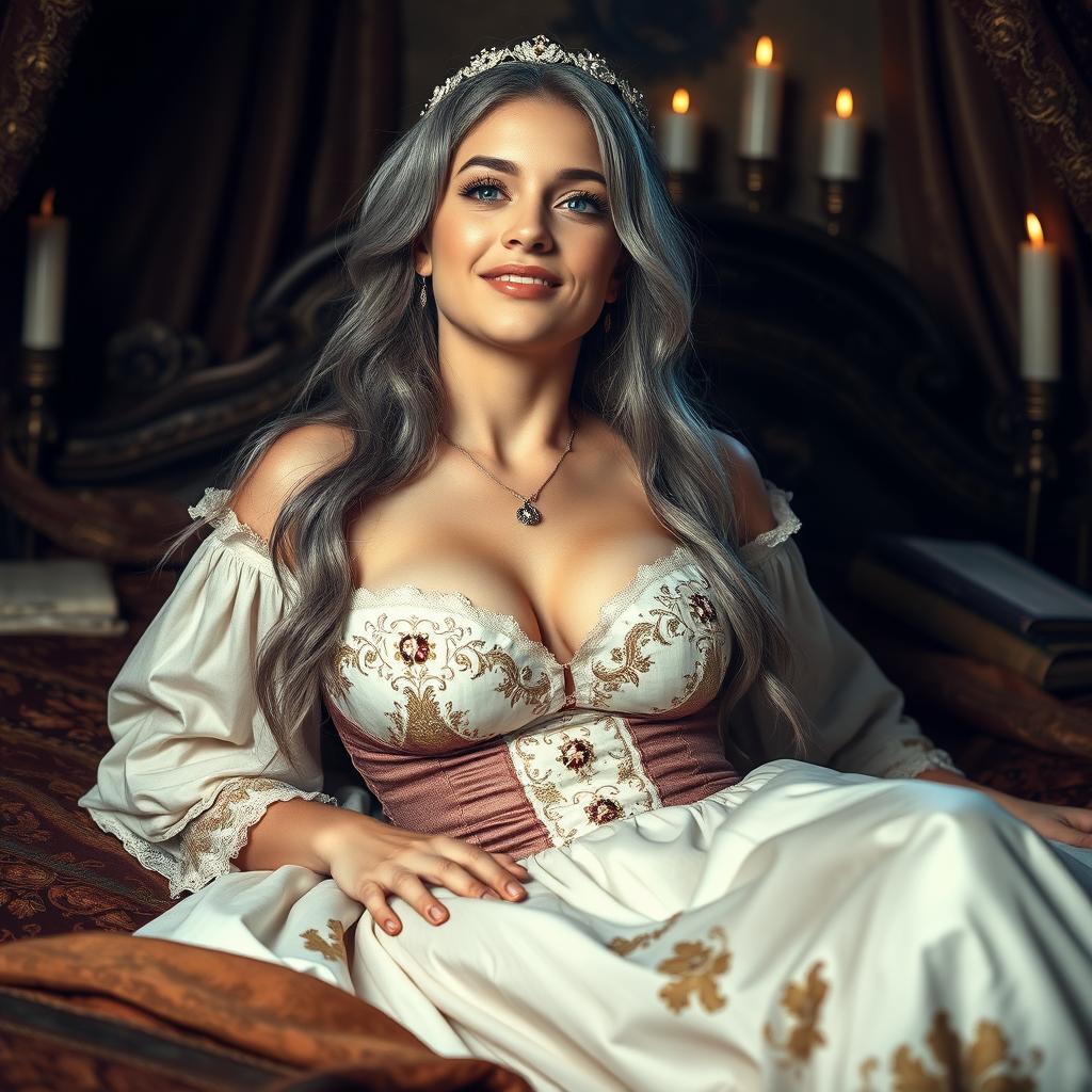 A medieval fantasy scene featuring a busty, shy, delicate Ukrainian girl who appears around 20 years old