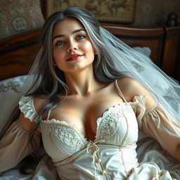 A medieval fantasy scene featuring a busty, shy, and delicate 20-year-old Ukrainian girl with very large, beautiful breasts