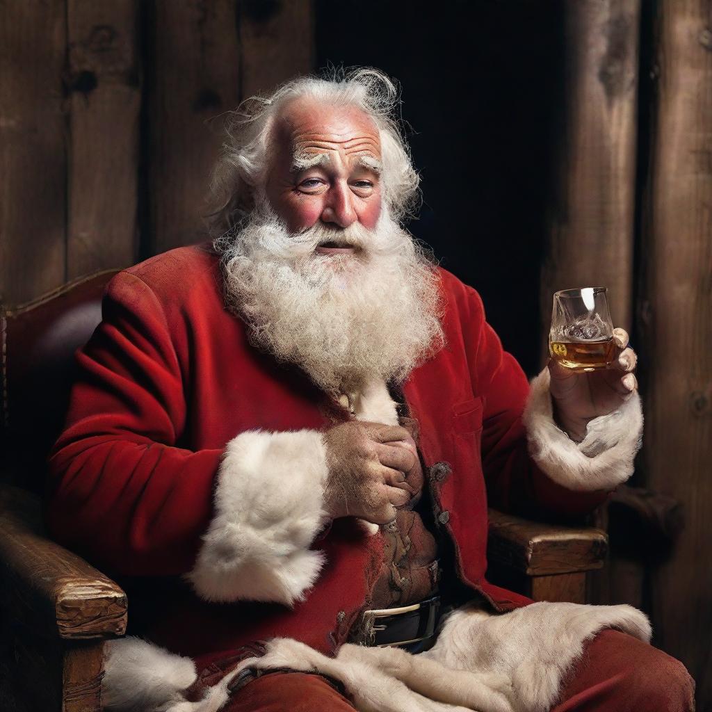 An extremely rugged Santa Claus after a 24-hour shift, torn suit, grizzled face with deep creases, wild unkempt hair and beard, slouching heavily in his chair, gripping a whiskey glass.