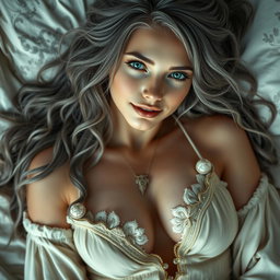 A busty, shy, delicate yet athletic cleric healer girl with large natural breasts, long wavy messy ash grey hair and bright turquoise eyes