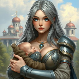 A beautiful, busty, shy, and cute Ukrainian cleric healer girl with long ash grey hair and bright topaz blue eyes, featuring a round kind caring face