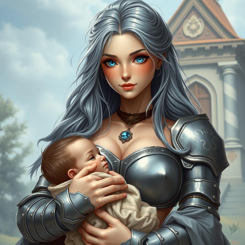 A beautiful, busty, shy, and cute Ukrainian cleric healer girl with long ash grey hair and bright topaz blue eyes, featuring a round kind caring face