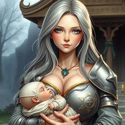 A beautiful, busty, shy, and cute Ukrainian cleric healer girl with long ash grey hair and bright topaz blue eyes, featuring a round kind caring face