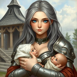 A beautiful, busty, shy, and cute Ukrainian cleric healer girl with long ash grey hair and bright topaz blue eyes, featuring a round kind caring face