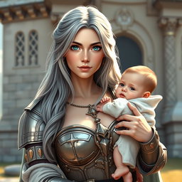 A beautiful, busty, shy, and cute Ukrainian cleric healer girl with long ash grey hair and bright turquoise eyes