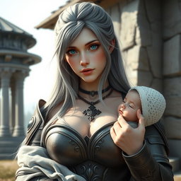 A beautiful, busty, shy, and cute Ukrainian cleric healer girl with long ash grey hair and bright turquoise eyes