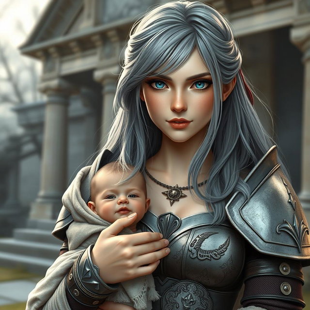 A beautiful, busty, shy, and cute Ukrainian cleric healer girl with long ash grey hair and bright turquoise eyes