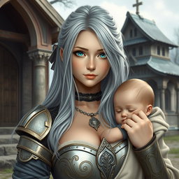 A beautiful, busty, shy, and cute Ukrainian cleric healer girl with long ash grey hair and bright turquoise eyes