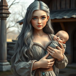 A beautiful, busty, shy, and cute Ukrainian cleric healer girl with long ash grey hair and very bright turquoise eyes