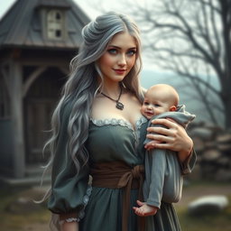 A beautiful, busty, shy, and cute Ukrainian cleric healer girl with long ash grey hair and very bright turquoise eyes