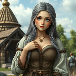 A beautiful, busty, shy, and cute Ukrainian cleric healer girl with long ash grey hair and very bright turquoise eyes