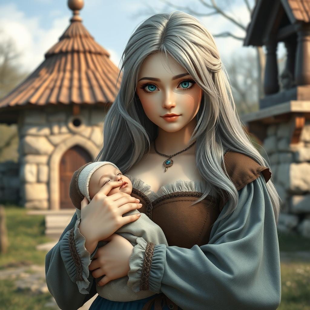 A beautiful, busty, shy, and cute Ukrainian cleric healer girl with long ash grey hair and very bright turquoise eyes
