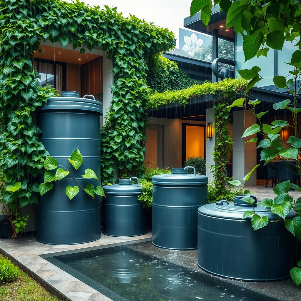 A stunning luxury property that showcases a modern architectural design, featuring several unique rainwater tanks integrated into the landscape