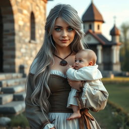 A beautiful Ukrainian cleric healer girl with long ash grey hair and very bright turquoise eyes