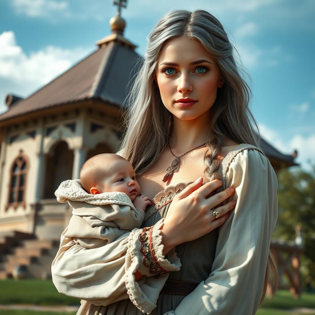 A beautiful Ukrainian cleric healer girl with long ash grey hair and very bright turquoise eyes