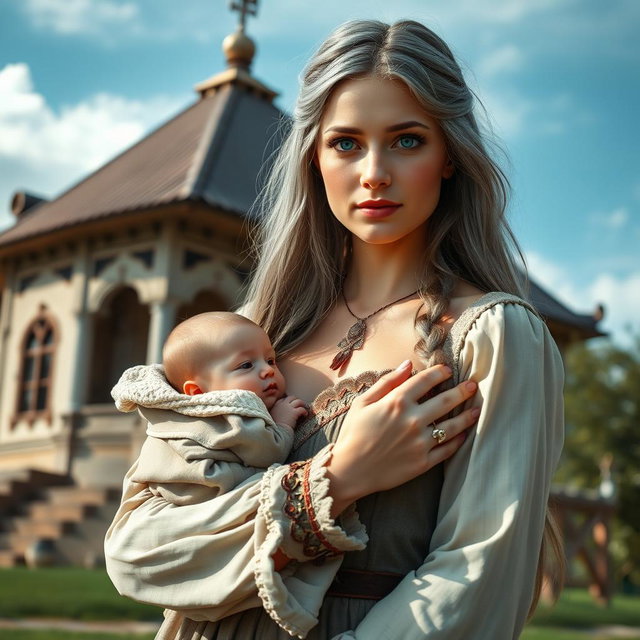 A beautiful Ukrainian cleric healer girl with long ash grey hair and very bright turquoise eyes