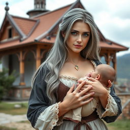 A beautiful Ukrainian cleric healer girl with long ash grey hair and very bright turquoise eyes