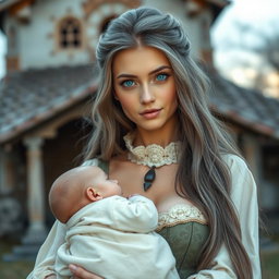 A beautiful, slim Ukrainian cleric healer girl with long ash grey hair and bright turquoise eyes