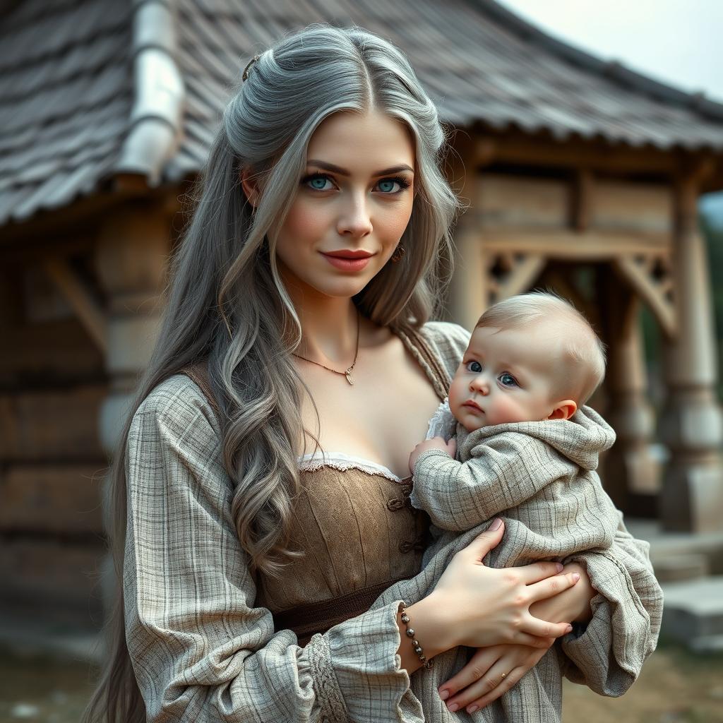 A beautiful, slim Ukrainian cleric healer girl with long ash grey hair and bright turquoise eyes