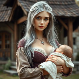 A beautiful, slim Ukrainian cleric healer girl with long ash grey hair and bright turquoise eyes