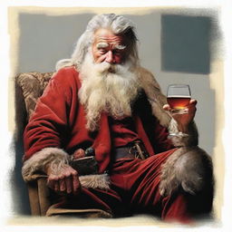 An extremely rugged Santa Claus after a 24-hour shift, torn suit, grizzled face with deep creases, wild unkempt hair and beard, slouching heavily in his chair, gripping a whiskey glass.