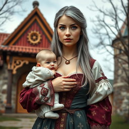 A stunning Ukrainian cleric healer, depicted as a beautiful and busty girl with long ash grey hair and bright turquoise eyes