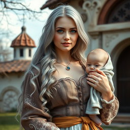 A stunning Ukrainian cleric healer, depicted as a beautiful and busty girl with long ash grey hair and bright turquoise eyes