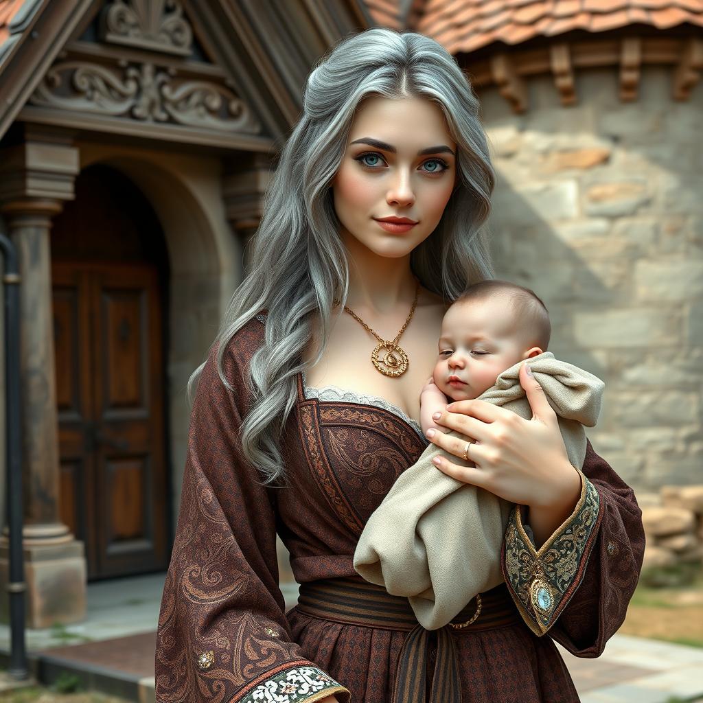 A stunning Ukrainian cleric healer, depicted as a beautiful and busty girl with long ash grey hair and bright turquoise eyes