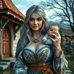 A stunning Ukrainian cleric healer, depicted as a beautiful and busty girl with long ash grey hair and bright turquoise eyes